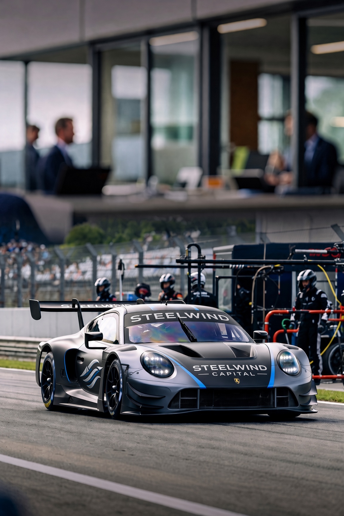 A Steelwind Capital-liveried GT2 racing car in the pit lane, crew waiting behind it.